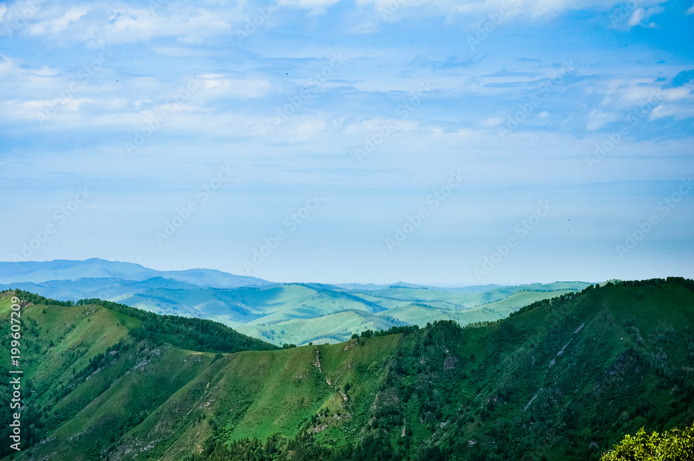 Green mountain range, aerial landscape. Altai, Russia