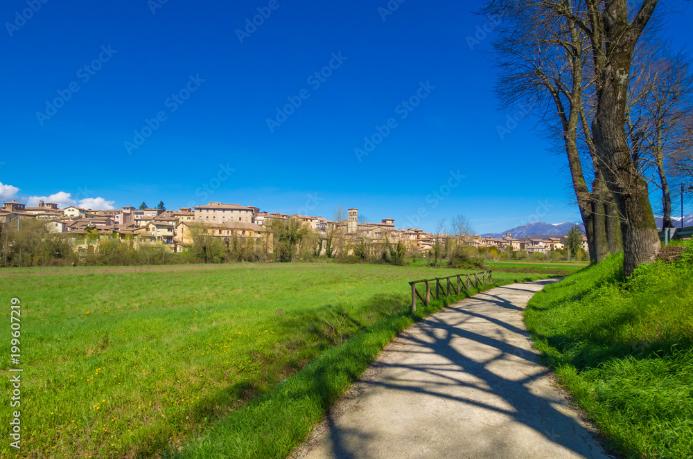 Rieti (Italy) - The historic center of the Sabina's provincial capital, under Mount Terminillo with snow and crossed by the river Velino. Rieti (Italy) - The historic center of the Sabina's provincial capital, under Mount Terminillo with snow and crossed by the river Velino.