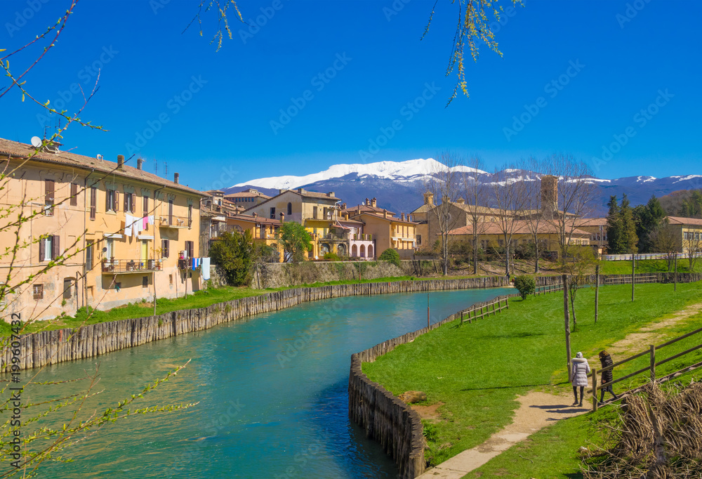 Rieti (Italy) - The historic center of the Sabina's provincial capital, under Mount Terminillo with snow and crossed by the river Velino.