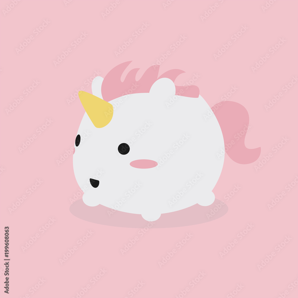 Illustration of a kawaii cute fat unicorn running happily over a pink background. Illustration of a kawaii cute fat unicorn running happily over a pink background.