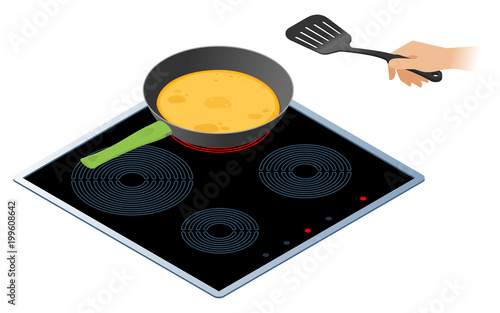 Flat isometric illustration of kitchen electric stove, frying pan with pancakes. The russian traditional pancakes in the cooking pan, a hand with kitchen spatula. Shrovetide cooking vector concept.