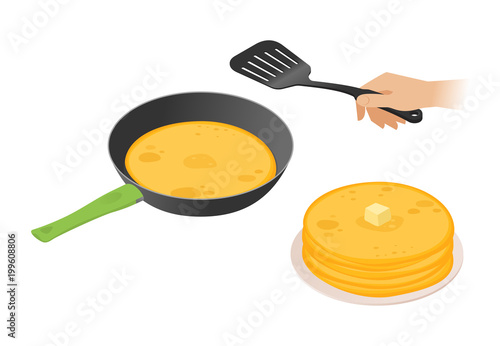 Flat isometric illustration of frying pan with pancakes, a hand with cooking spatula. The russian traditional pancakes in the dripping pan. The Shrovetide, carnival, maslenitsa food vector concept.