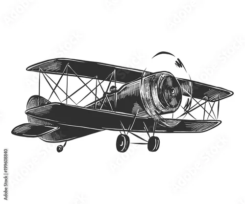 Obraz Ilustracja wektorowa wygrawerowanym stylu dla plakatów, dekoracji i druku. Ręcznie rysowane szkic samolotu w trybie monochromatycznym na białym tle. Szczegółowy rysunek w stylu drzeworyt vintage.