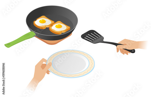 Flat isometric illustration of frying pan with scrambled eggs on the toasts, a hands with cooking spatula, plate. The fried chicken eggs on a crisp bread. Vector concept isolated on white background.