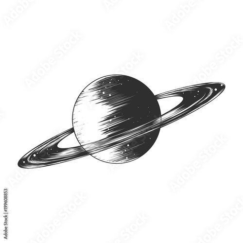 Vector engraved style illustration for posters, decoration and print. Hand drawn sketch of saturn planet in monochrome isolated on white background. Detailed vintage woodcut style drawing.