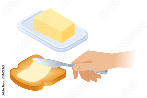 Flat isometric illustration of spreading butter on the slice of bread. The hand holds a knife and spreads margarine from the butter-dish on the toast. The cooking, food, breakfast vector concept.