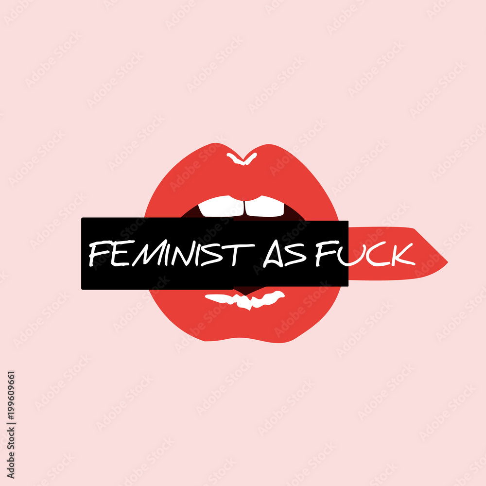 Red open lips with lipstick and feminist lettering: Feminist as fuck. Feminism quote, woman motivational slogan. Modern print in pop art style. Feminist glamour mouth Vector illustration. - obrazy, fototapety, plakaty 