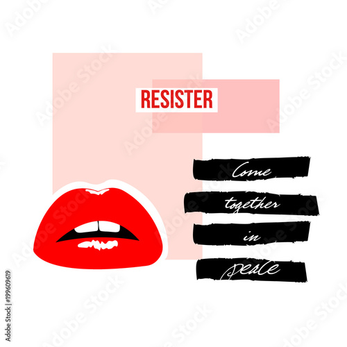 Abstract creative femenism collage, RESISTER inscription, handwritten text come together in PEACE on black watercolor striped and Red lips on pink background. Feminist poster vector illustration