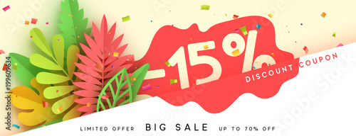 Horizontal sale banner border. Discount coupon cards, headers website. Vector design paper art. Price offer posters, flyers brochure. Design of tropical leaves of different colors in style paper art