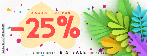 Horizontal sale banner border. Discount coupon cards, headers website. Vector design paper art. Price offer posters, flyers brochure. Design of tropical leaves of different colors in style paper art