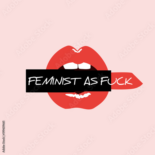 Red open lips with lipstick and feminist lettering: Feminist as fuck. Feminism quote, woman motivational slogan. Modern print in pop art style. Feminist glamour mouth Vector illustration. photo