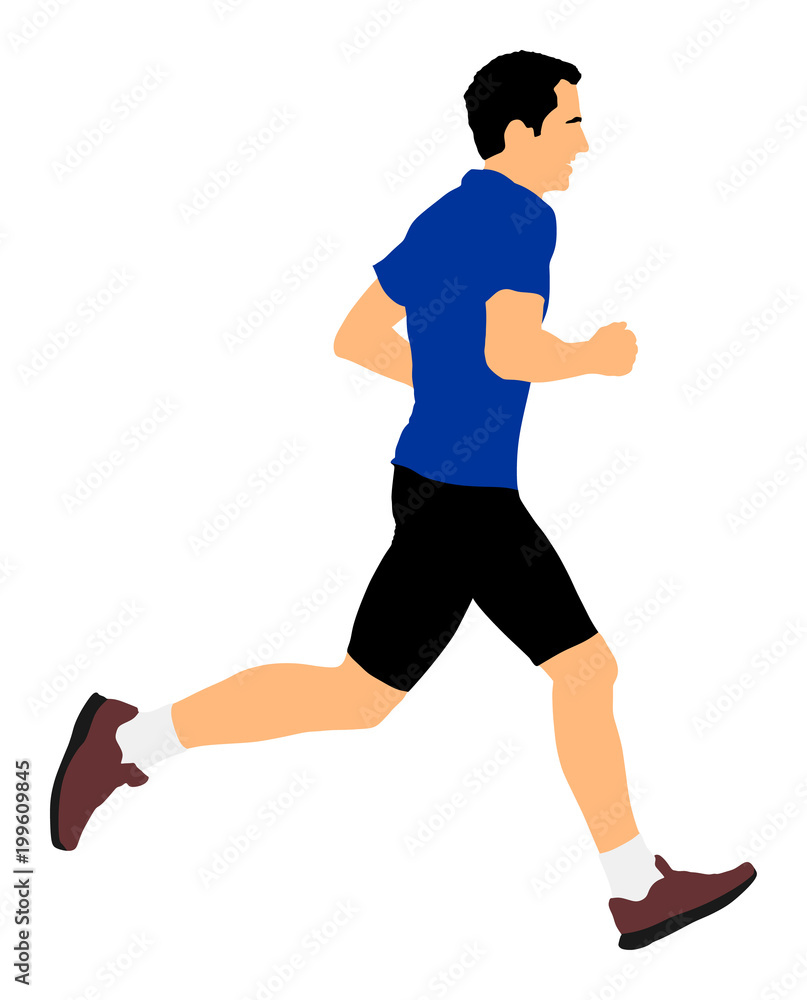 Marathon racer running. Exercise people vector illustration. Healthy lifestyle man. Sport race. Urban runner on the street. Healthcare concept. Jogging after stressful work day. Health young man.