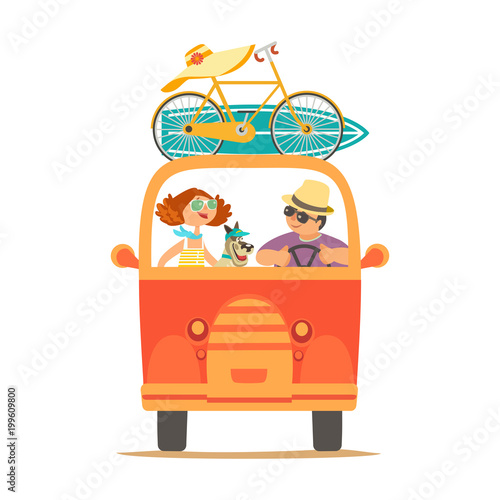 Travelling by car icon. Young happy travellers, dog pet take a trip by minivan. Family couple go on microbus journey. Summer vacation touring by auto. Cute cartoon. Colorful humor vector illustration