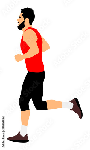 Marathon racer running. Exercise people vector illustration. Healthy lifestyle man. Sport race. Urban runner on the street. Healthcare concept. Jogging after stressful work day. Health young man.