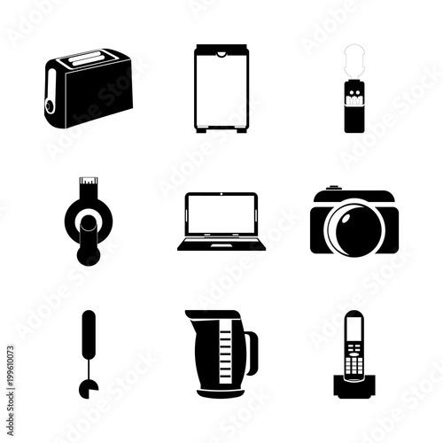 icon Electronic with number, domestic, lens, photo camera and notebook