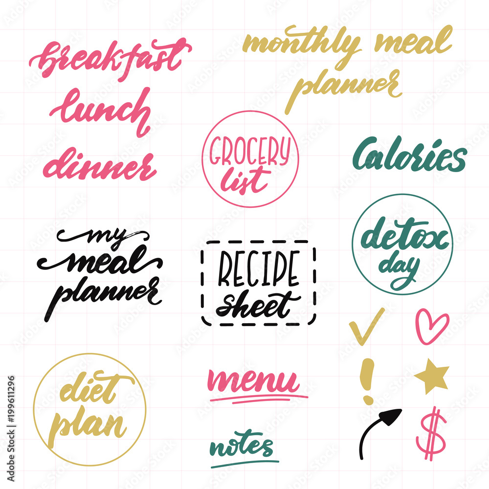 Set of lettering phrases for meal planners. Vector illustration.