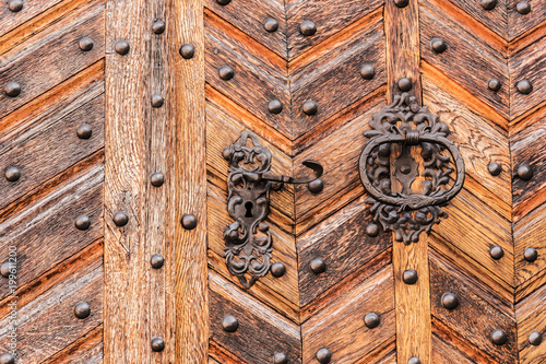 Old wooden door with metal decorative lock and door knocker.