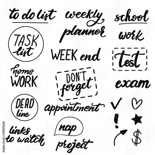 Set of lettering for daily planning and to do lists. Vector illustration.