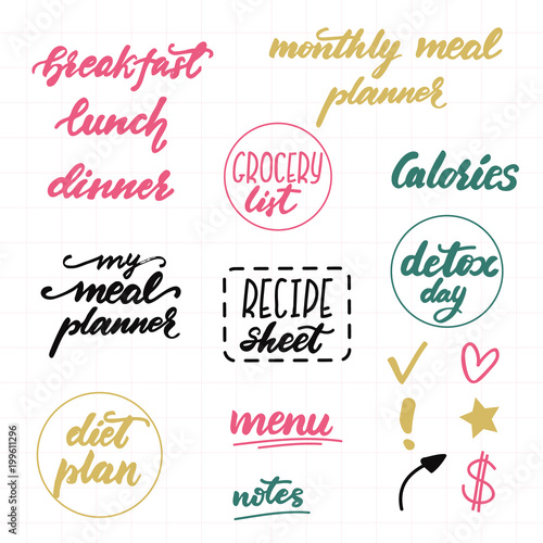 Set of lettering phrases for meal planners. Vector illustration.
