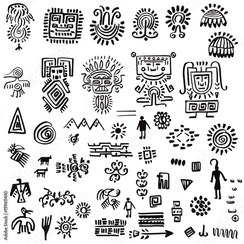 Set of drawings with tribal elements. Vector illustration.