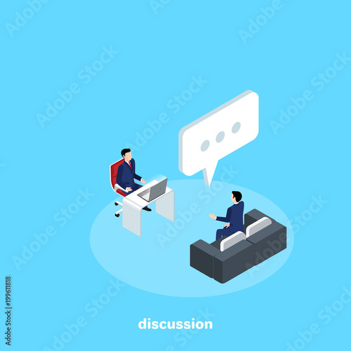 men in business suits are sitting opposite each other and talking, an isometric image