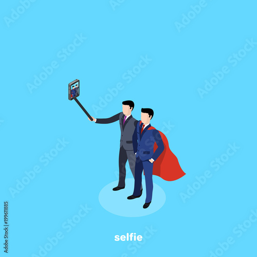 men in business suits do selfie, isometric image
