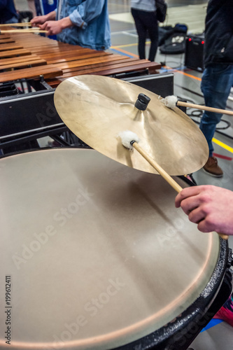 Details of drums, drum kit during concert