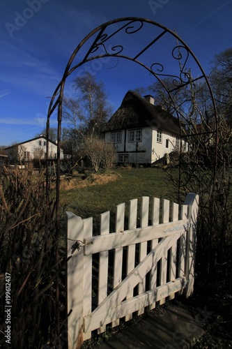 malerisches Haus mit Reetdach im Frühling