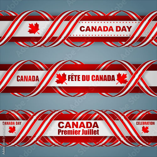 Set of web banners with texts and national flag colors, for first of July, Canada day, celebration; Vector illustration