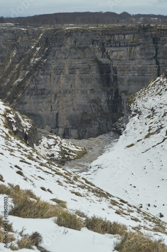 High Part Of The Nervion River Leap One Of The Highest Waterfalls In Europe. Landscapes Nature Rivers Snow. March 23, 2018. Rio Nervion Berberana Burgos Castilla-Leon Spain. photo