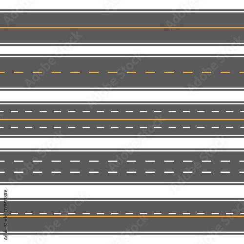 Creative vector illustration of horizontal straight seamless roads isolated on transparent background. Art design modern asphalt repetitive highways. Road asphalt highway street seamless element.