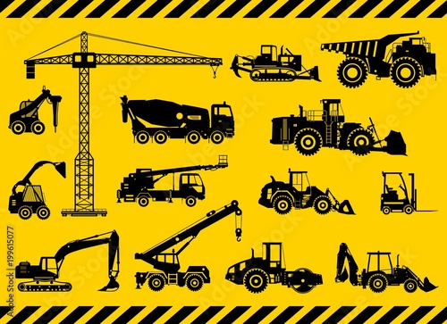 Set of detailed heavy construction and mining machines in flat style on the yellow background. Building machinery. Special equipment. Vector illustration