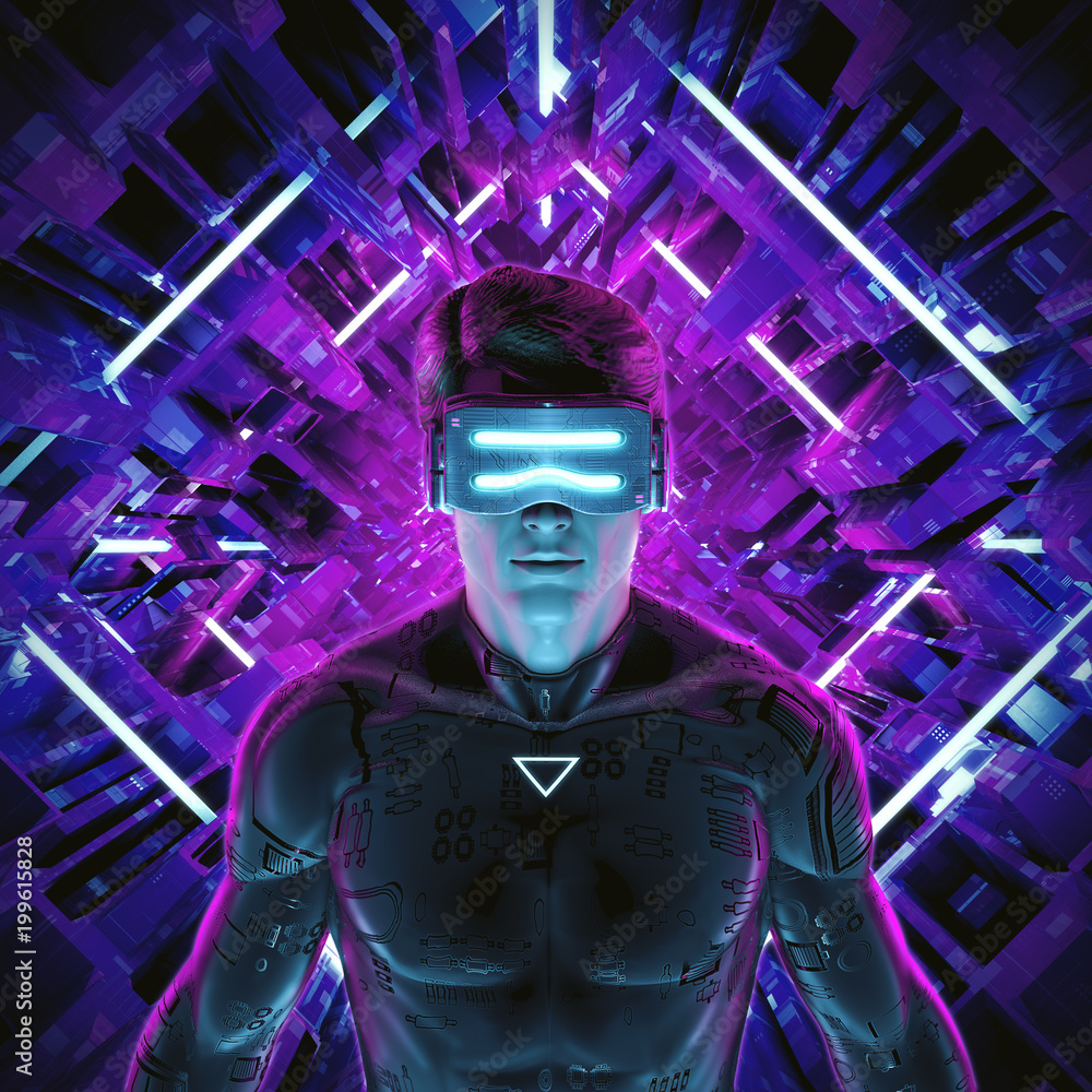 Virtual gamer man / 3D illustration of male figure entering glowing virtual game environment Virtual gamer man / 3D illustration of male figure entering glowing virtual game environment