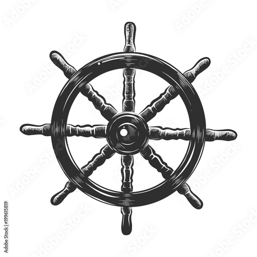 Vector engraved style illustration for posters, decoration and print. Hand drawn sketch of ship wheel in monochrome isolated on white background. Detailed vintage woodcut style drawing.