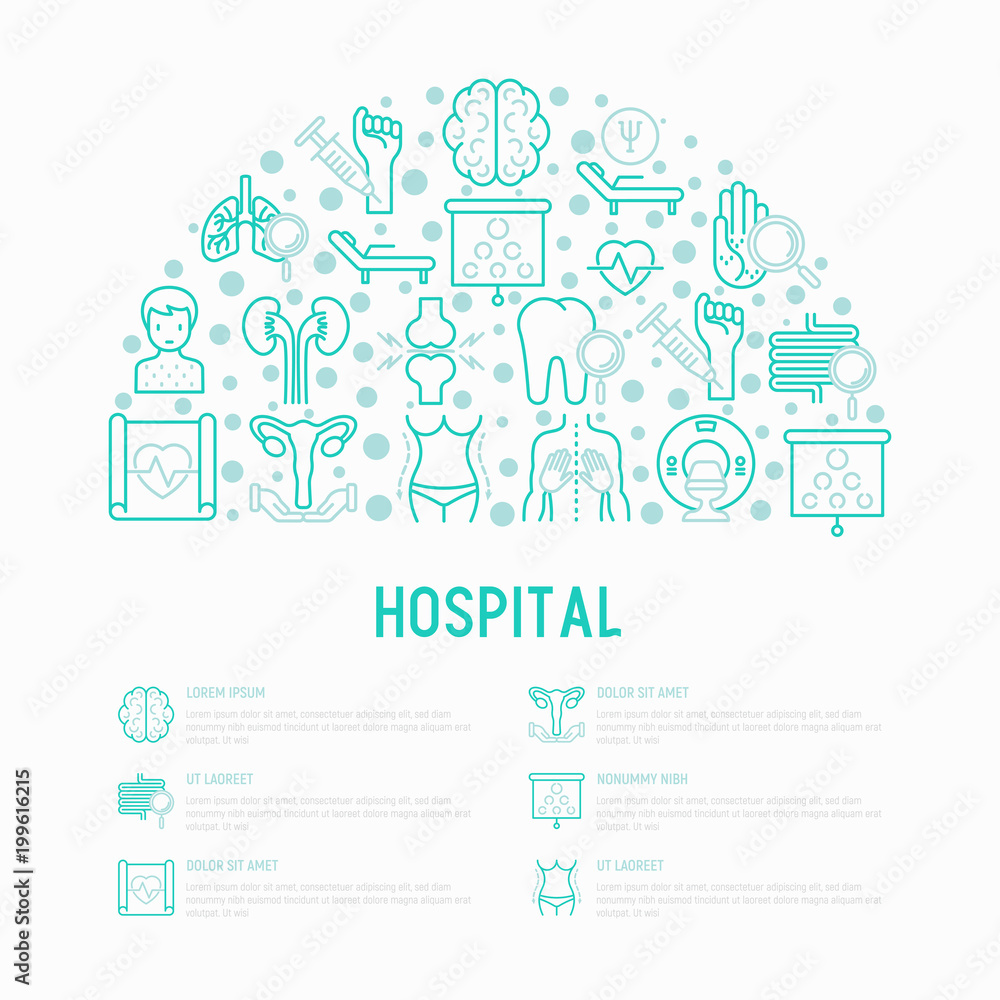 Hospital concept in half circle with thin line icons for doctor's notation: neurologist, gastroenterologist, manual therapy, ophtalmologist, cardiology, allergist, dermatologist. Vector illustration.