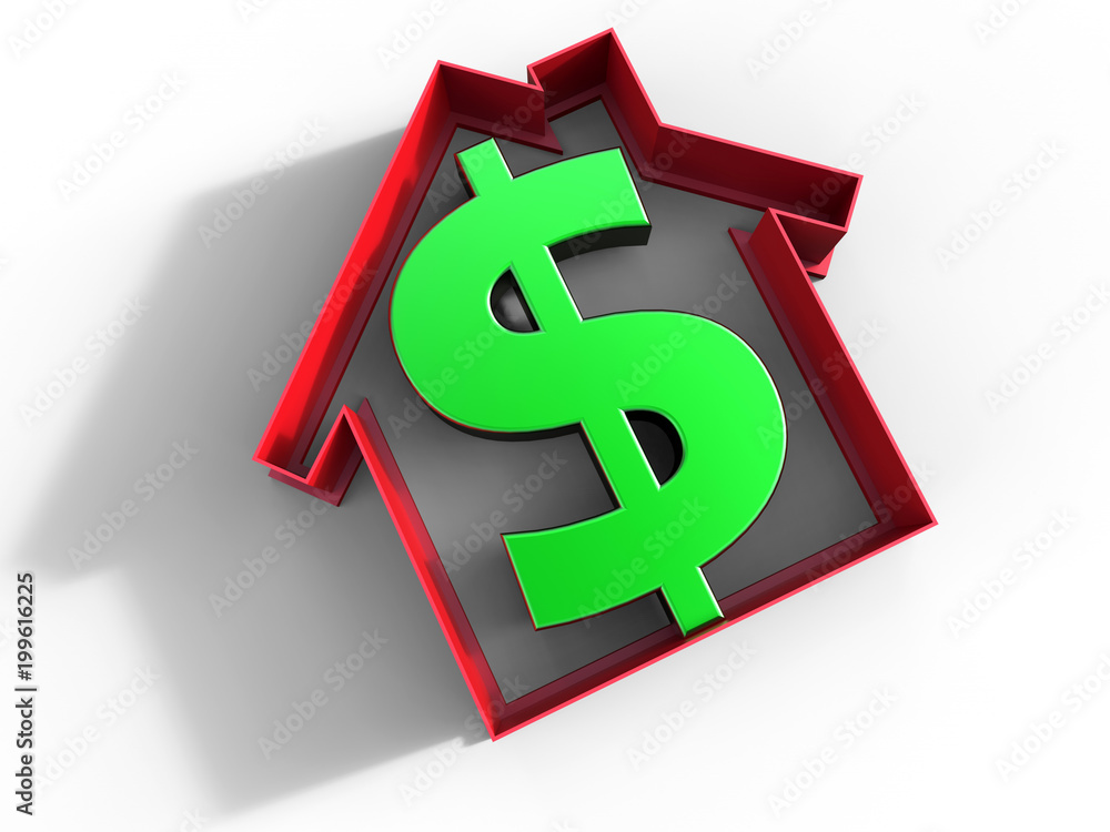 3D render - Green dollar sign inside a house cutout 3D render - Green dollar sign inside a house cutout