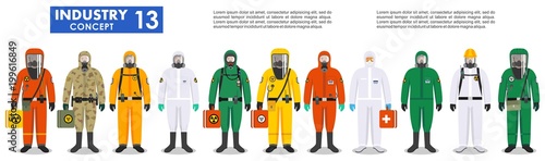 Chemical industry concept. Group different workers in differences protective suits standing together in row on white background in flat style. Dangerous profession. Vector illustration.