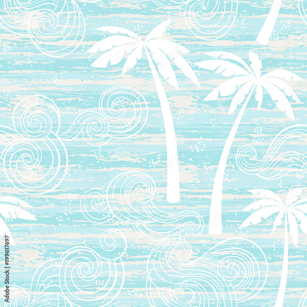 Fototapeta premium Summer seamless pattern with tropical palm and waves . Vector illustration on texture background.