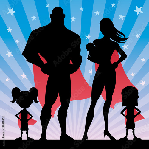 Superhero family of 5, with mom, dad, 2 girls and baby 