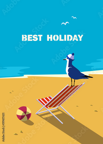 Summer holiday vacation poster. Retro poster in pop art style. Vacation season fun and rest. Seagull in sailor hat on blue calm sea coast sand beach. Vector tourist trip relax advertisement background