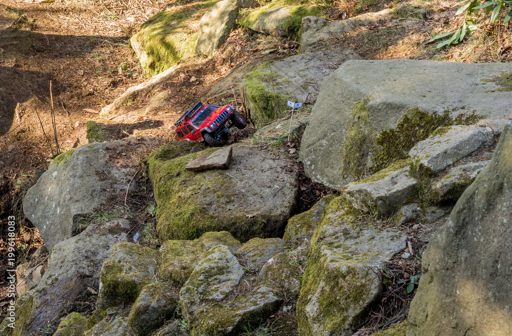 Model remote vehicles being put through their paces over rough ground at Rivington, Chorley, Lancashire, UK