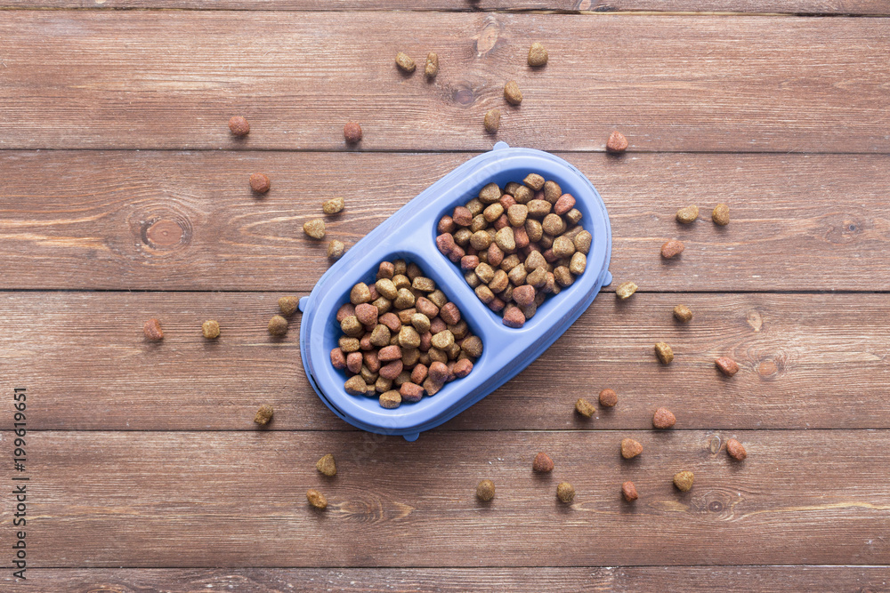 Pet food for dog or cat in bowl on wooden background top view flat lay Pet food for dog or cat in bowl on wooden background top view flat lay