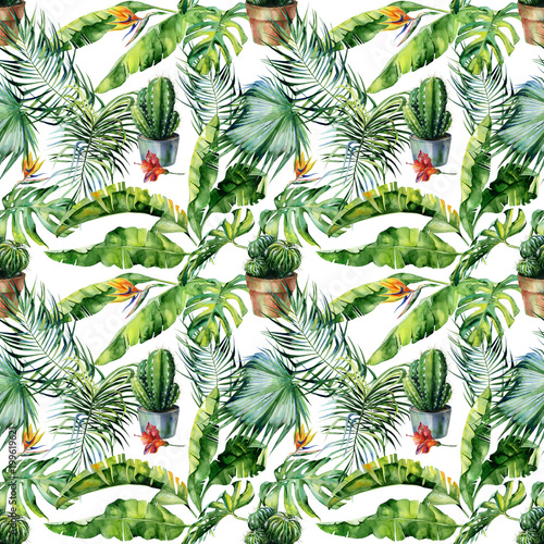 Seamless watercolor illustration of tropical leaves, dense jungle and cacti a...