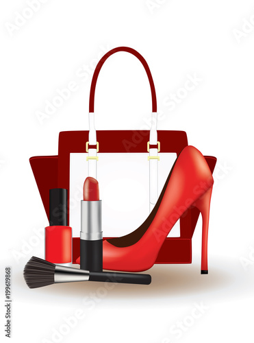 Make up set with red shoe and handbag, vector