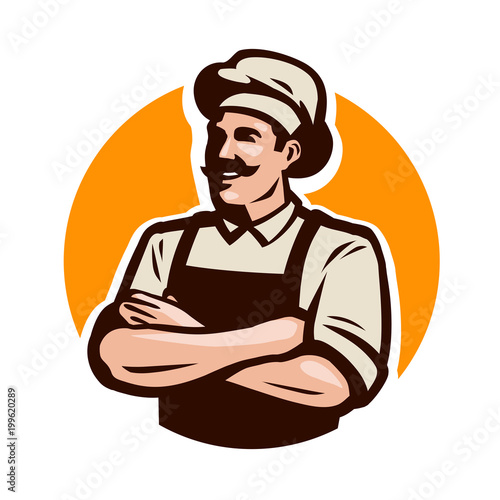 Chef, cook or baker logo. Cafe, restaurant, menu concept. Cartoon vector illustration