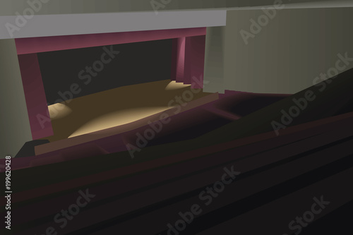 empty wooden theater scene with a red curtain illuminated by bright soffits view from the upper left corner of a dark auditorium illustration vector horizontal