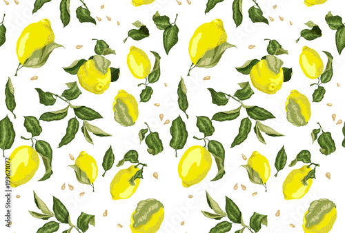 Seamless pattern with juicy lemon fruits and seed without background