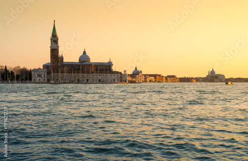 Venice cityscape, Italy: San Giorgio Maggiore church at sunset. Italian landscape. Venice postcard.