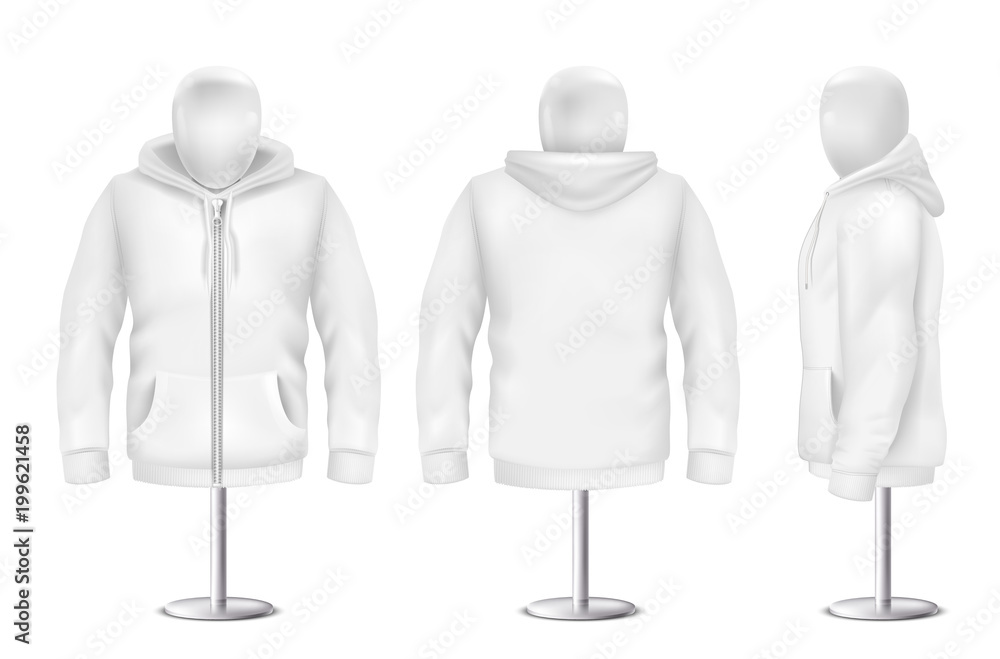 Vecteur Stock Vector 3d realistic white hoodie, front, back, side view of  sweatshirt. Mockup template for clothing on white background. Fashion long  sleeve on mannequin, hooded pullover. Unisex, women, men hoody
