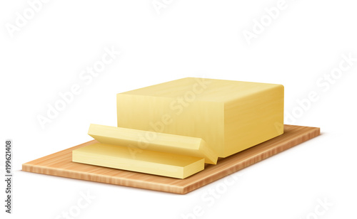 Vector 3d realistic piece of butter on wooden tray. Slices of milk dairy product, fatty margarine for breakfast. Fresh natural yellow nutrition for spreading, cooking